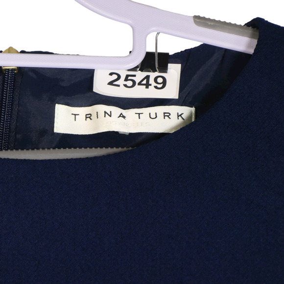 Trina Turk Mini Dress Dark Blue Small Cold Shoulders Long Sleeves Shift Evening - Picture 8 of 8
